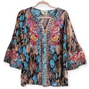 Savanna Jane Multi Print Embroidered Mixed Print Top Split Neck Size Small